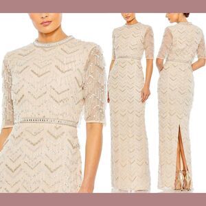 NWT $1198 Mac Duggal [ 12 ] 93804 Beaded‎ Fringe Quarter Sleeve Column Gown Nude